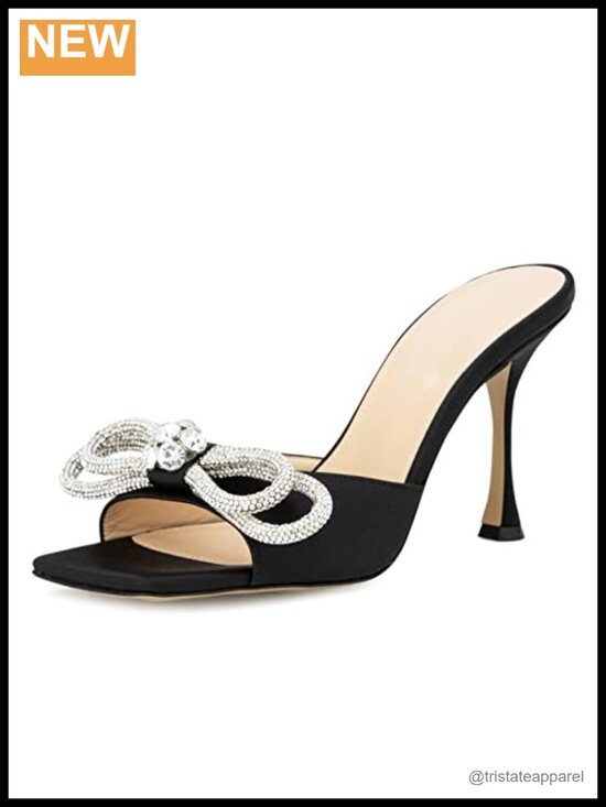 Shoes - Women's Heeled Sandals Double Rhinestone Bow Satin Mules Square Open Toe
